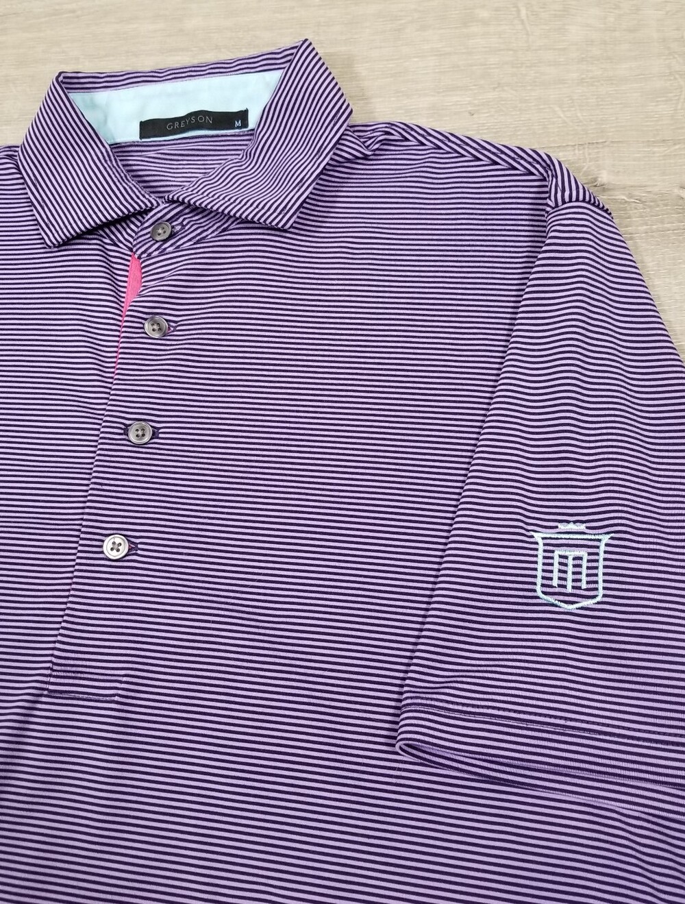 Greyson Mens Golf Polo Size Medium Purple Black Striped Performance Stretch